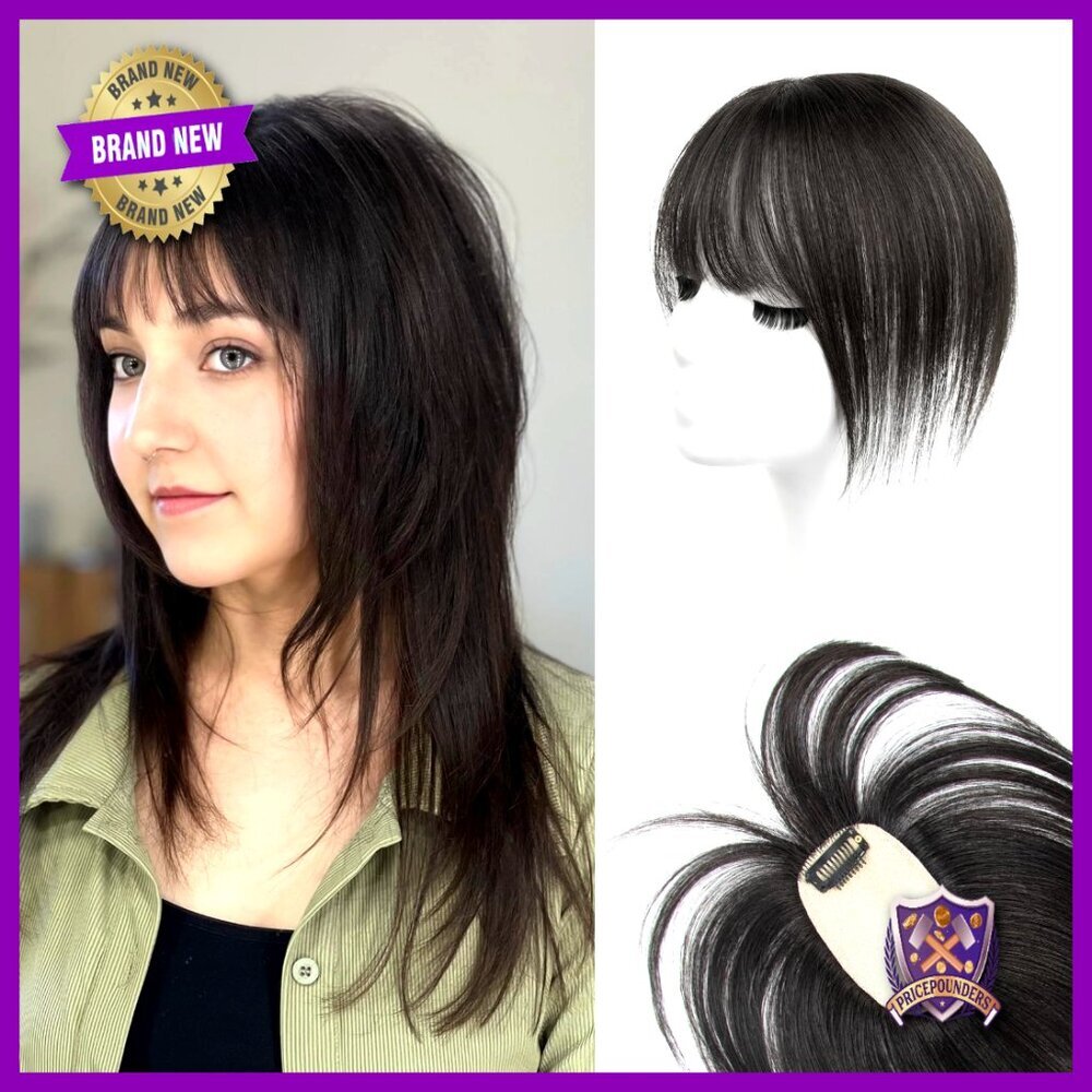 Human Hair Topper Clip In with Bangs Small Base Thin Crown Coverage Natural